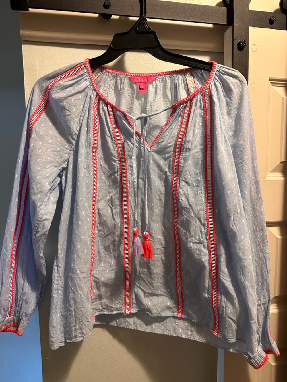 Lilly Pulitzer Light Blue Peasant Blouse with Pink Trim